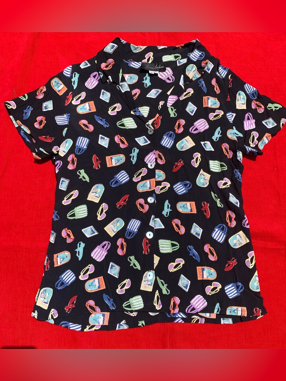 Vintage Jenny Helene black & multicolor rayon vacation pop art blouse top